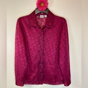 Haband!~Hot Pink Shiny Floral Blouse~Translucent~Button Front Closure~Size M